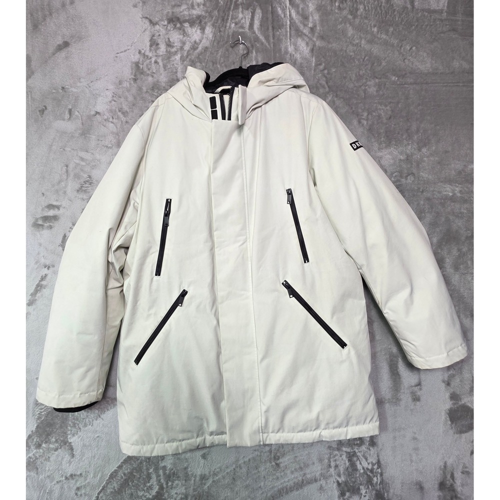 DKNY Mens Heavyweight Hooded Parka Jacket Cream Off White Large Logo Coat